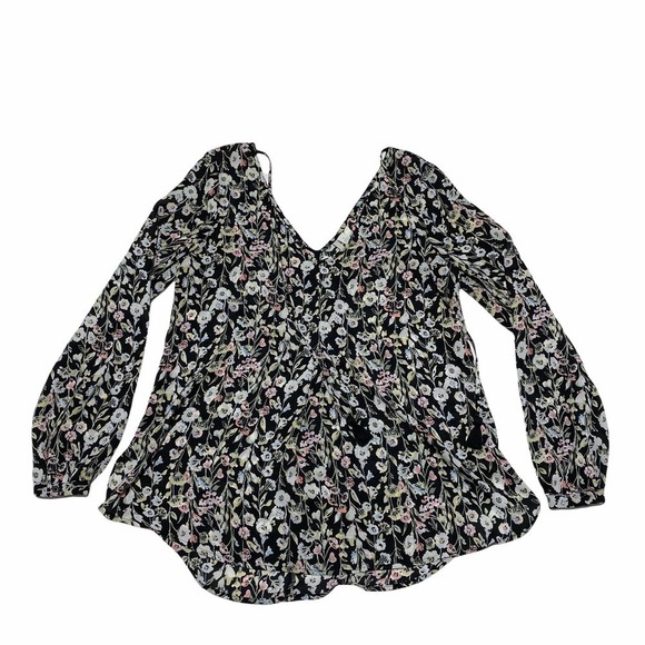 LAUREN Conrad Black Multicolored Floral Print V-Neck Tie bust Long Sleeve Blouse - Picture 1 of 12